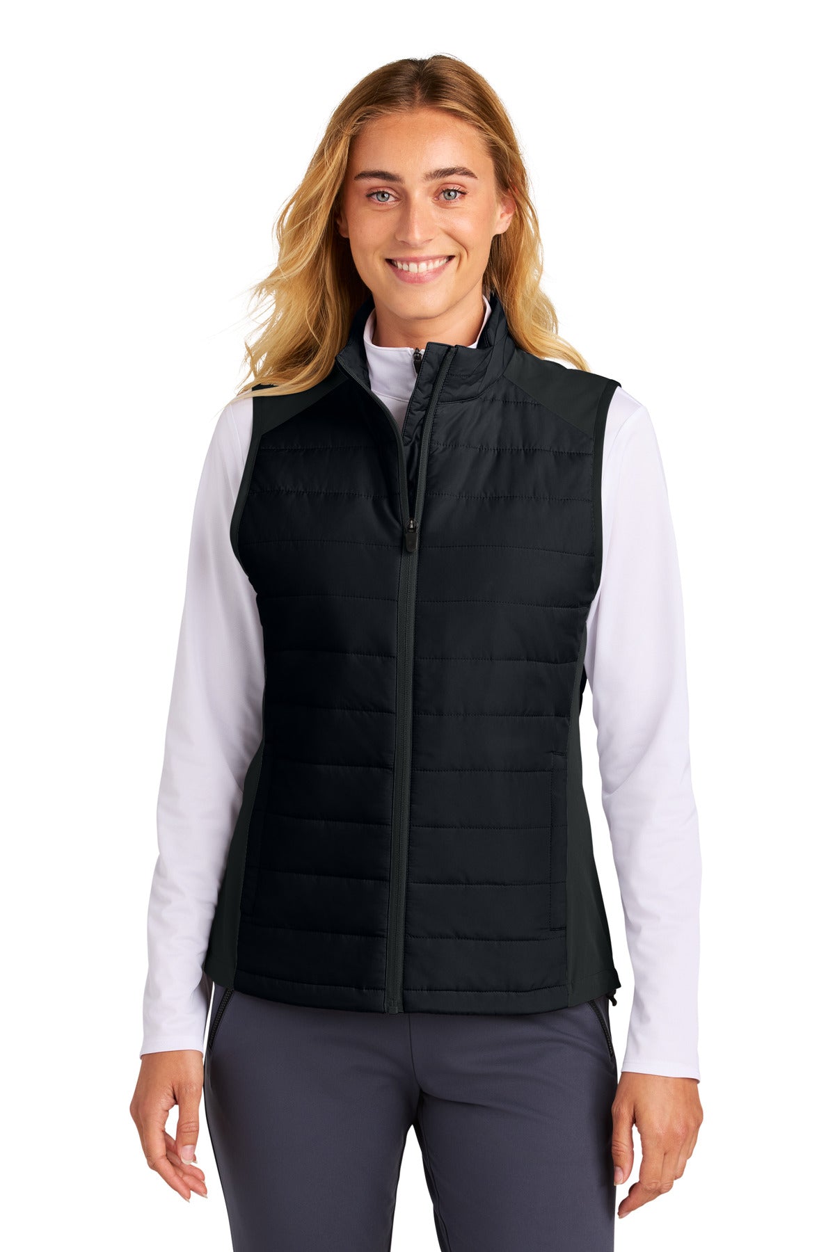 Front View of Black Sport-Tek Women's Teknical Hybrid Vest LST941 - XS