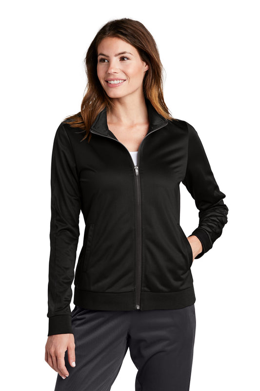 Front View of Black/Black Sport-Tek Ladies Tricot Sleeve Stripe Track Jacket. LST94 - L