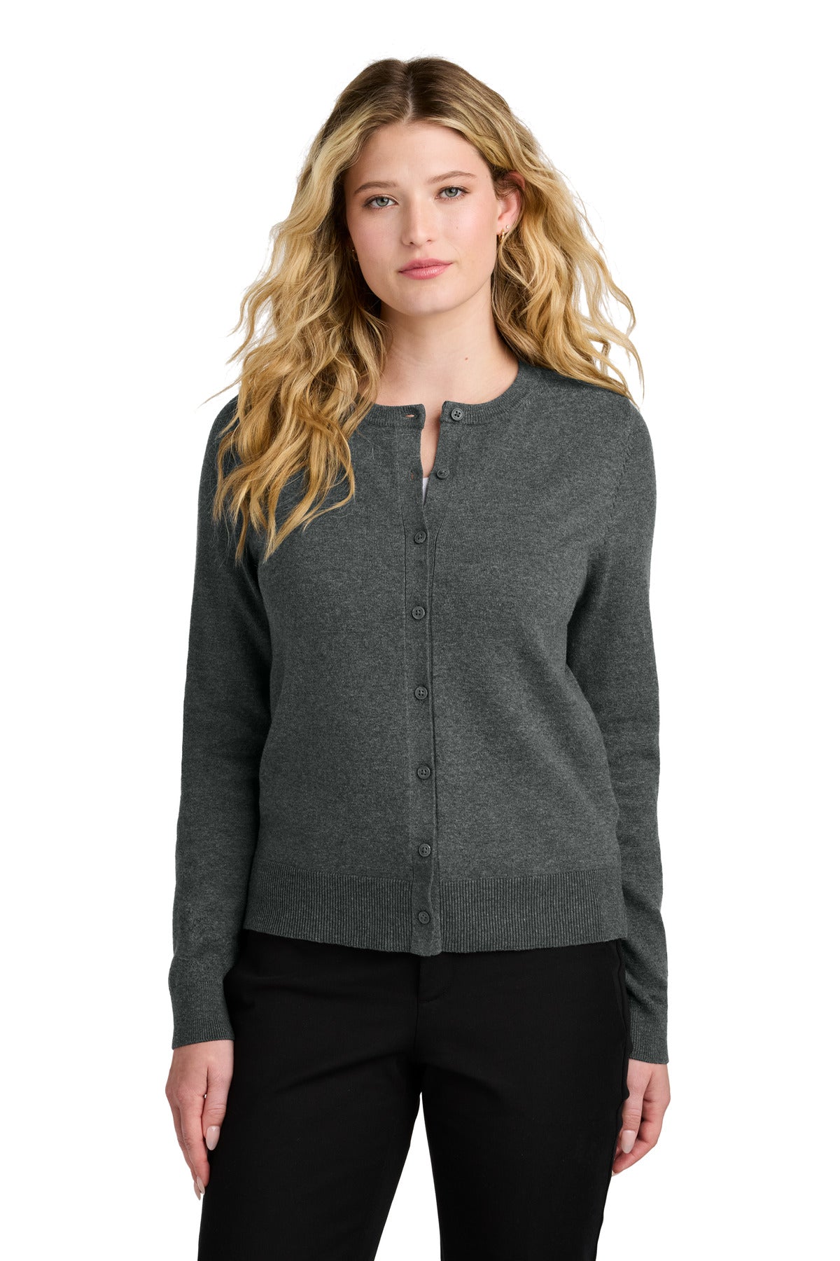 Front View of CharcoalHt Port Authority Women's Easy Care Crewneck Cardigan Sweater LSW2870 - M