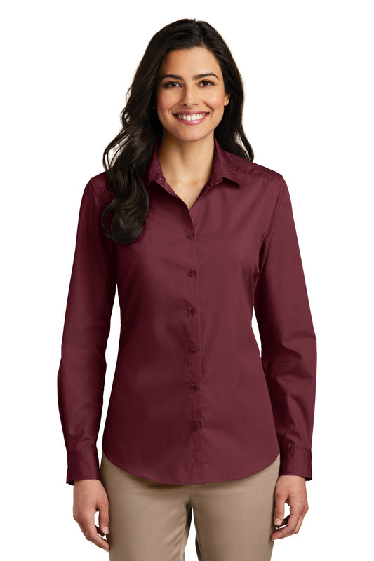 Front View of Burgundy Port Authority Women's Long Sleeve Carefree Poplin Shirt. LW100 - S