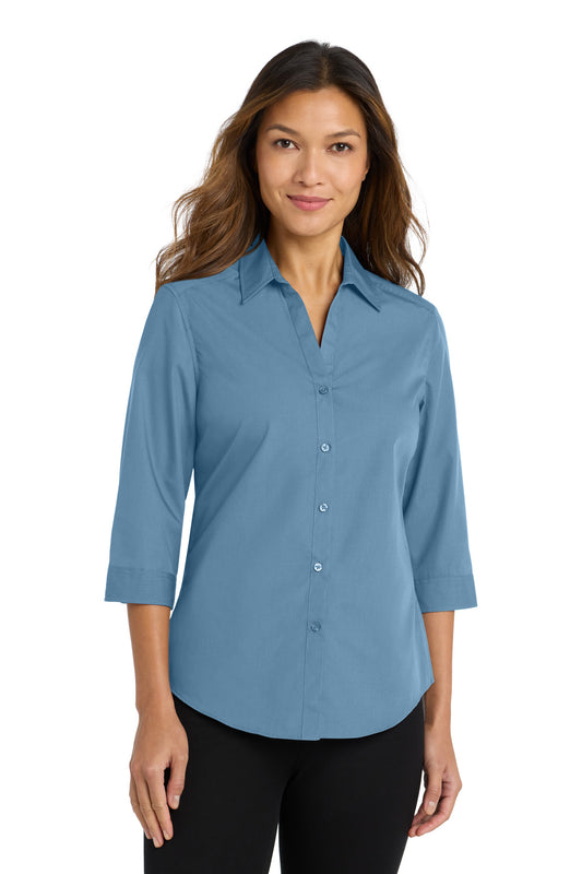 Front View of Carolina Blue Port Authority Women's 3/4-Sleeve Carefree Poplin Shirt. LW102 - XS