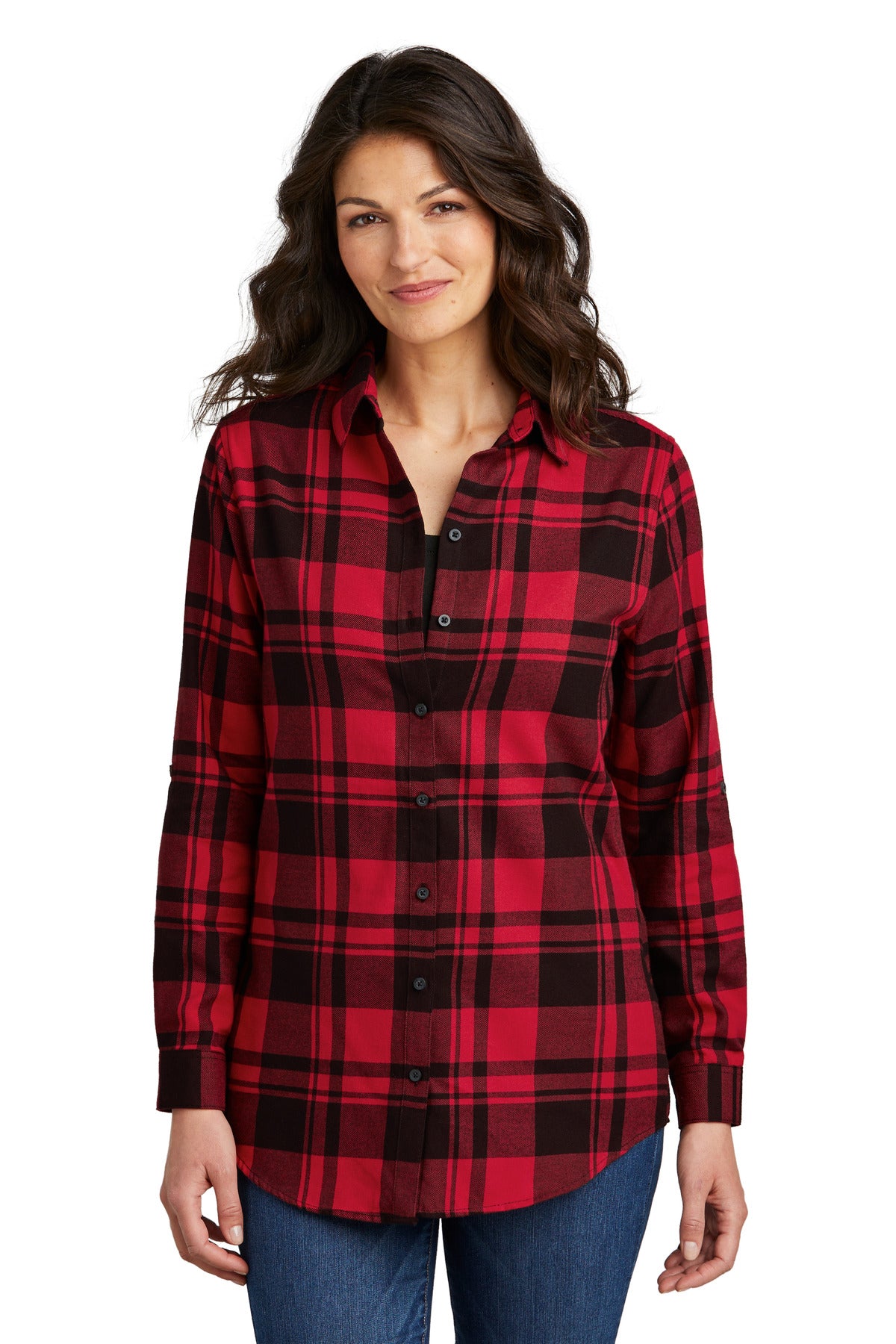 Front View of Engine Red/Blk Port Authority Women's Plaid Flannel Tunic . LW668 - XXL