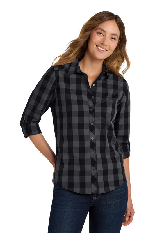 Front View of Black Port Authority Women's Everyday Plaid Shirt. LW670 - XXL