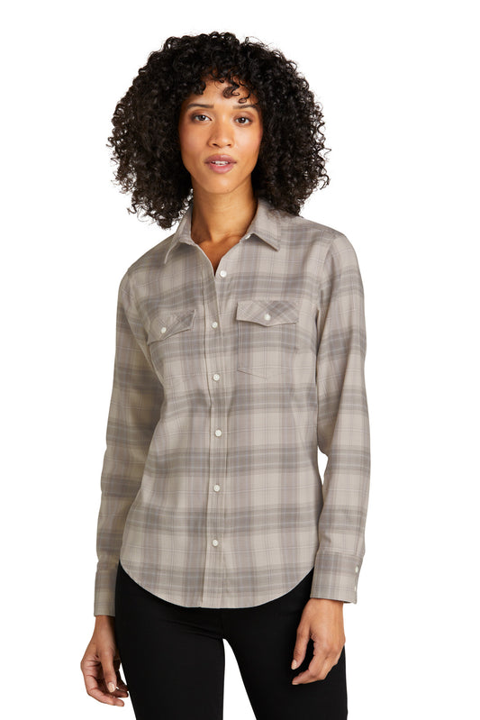 Front View of FrostGrey Port Authority Women's Long Sleeve Ombre Plaid Shirt LW672 - M