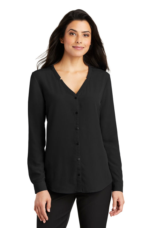 Front View of Black Port Authority Women's Long Sleeve Button-Front Blouse. LW700 - L