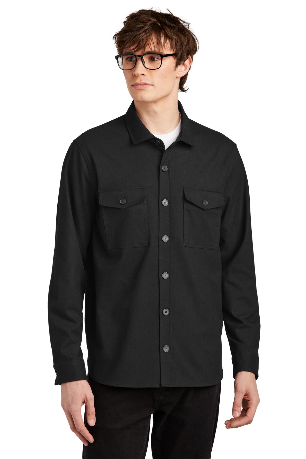 Front View of DeepBlack Mercer+Mettle Long Sleeve Twill Overshirt MM2020 - XS