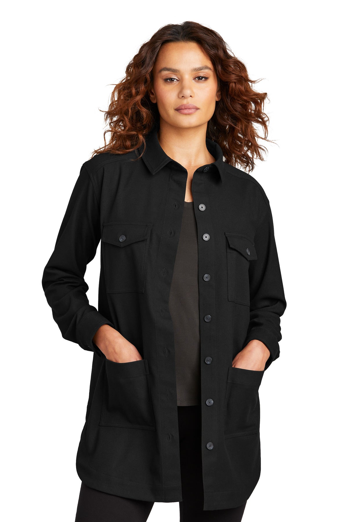 Front View of DeepBlack Mercer+Mettle Women's Long Sleeve Twill Overshirt MM2021 - XS