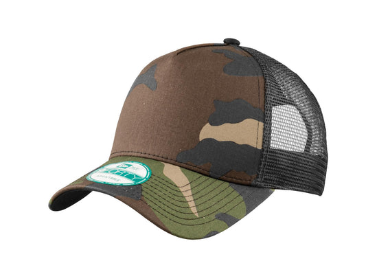 Front View of Camo/Black New Era Snapback Trucker Cap. NE205