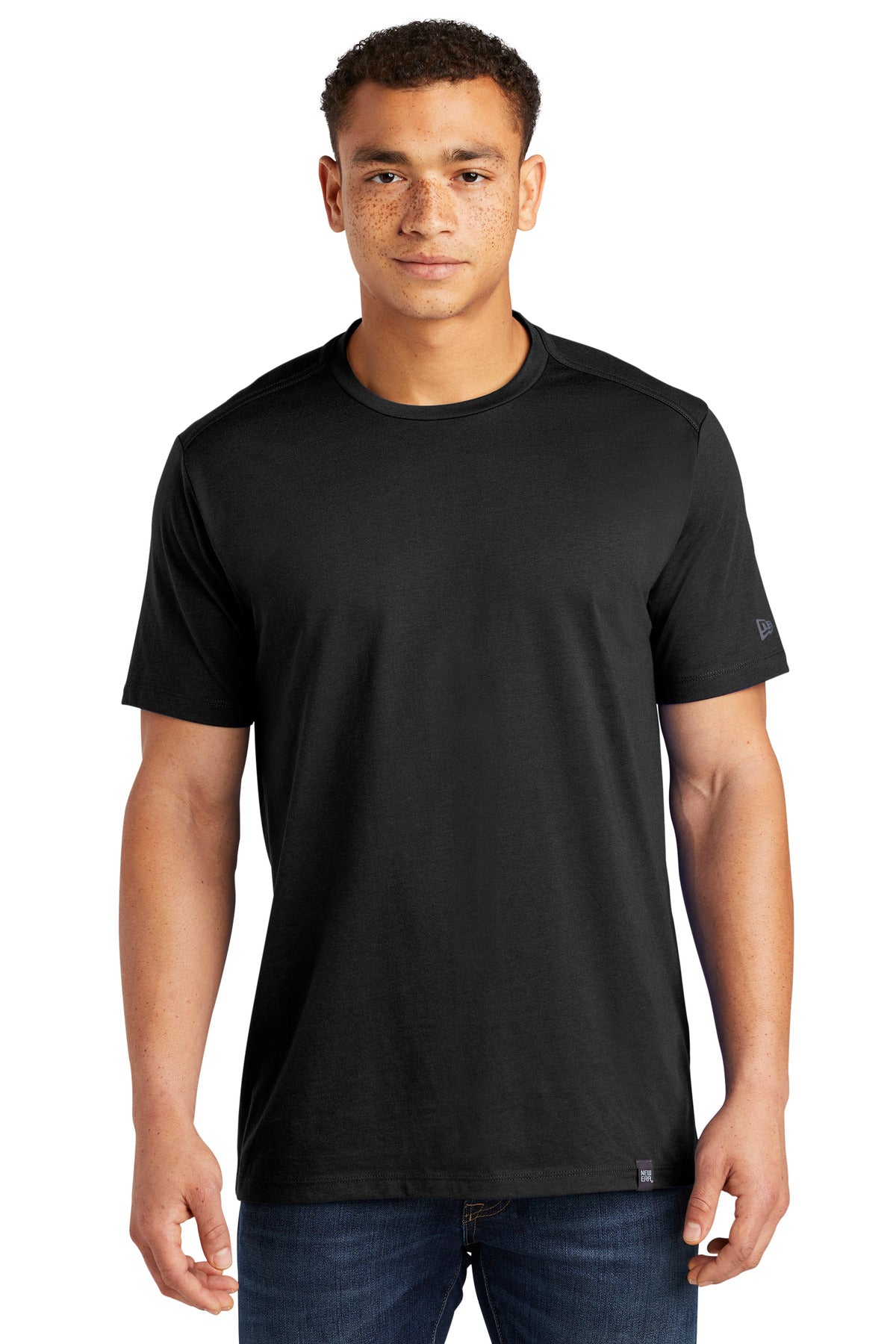 Front View of Black New Era Heritage Blend Crew Tee. NEA100 - XS