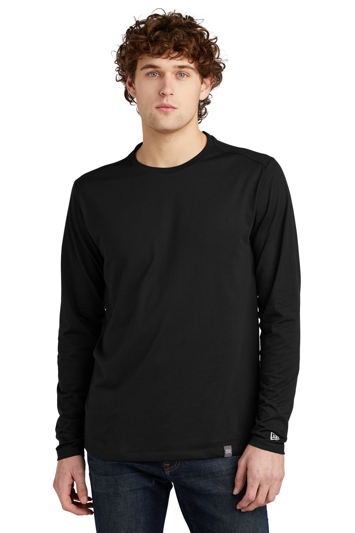 Front View of Black New Era Heritage Blend Long Sleeve Crew Tee. NEA102 - XS