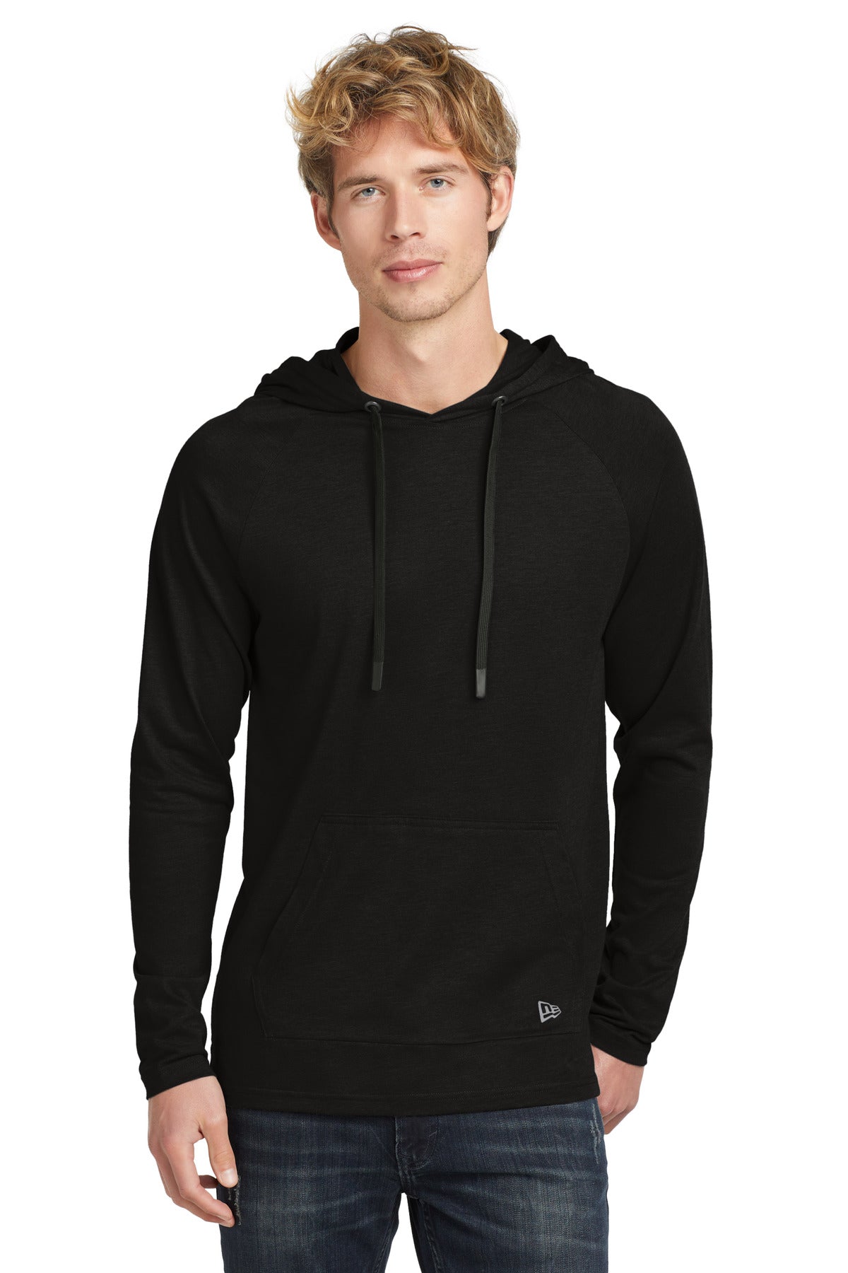Front View of BlackSolid New Era Tri-Blend Hoodie. NEA137 - XS