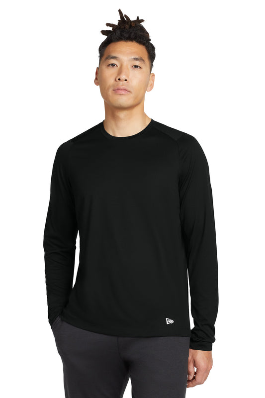 Front View of Black Solid New Era Series Performance Long Sleeve Crew Tee. NEA201 - XS
