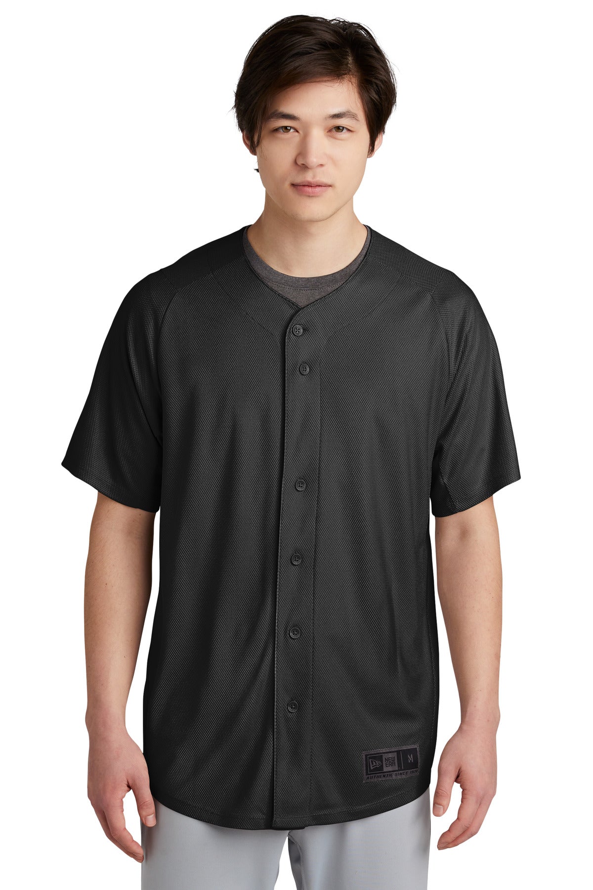 Front View of Black New Era Diamond Era Full-Button Jersey. NEA220 - XS