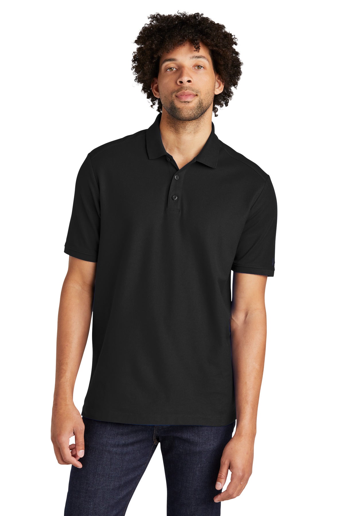 Front View of Black New Era Venue Home Plate Polo. NEA300 - XS