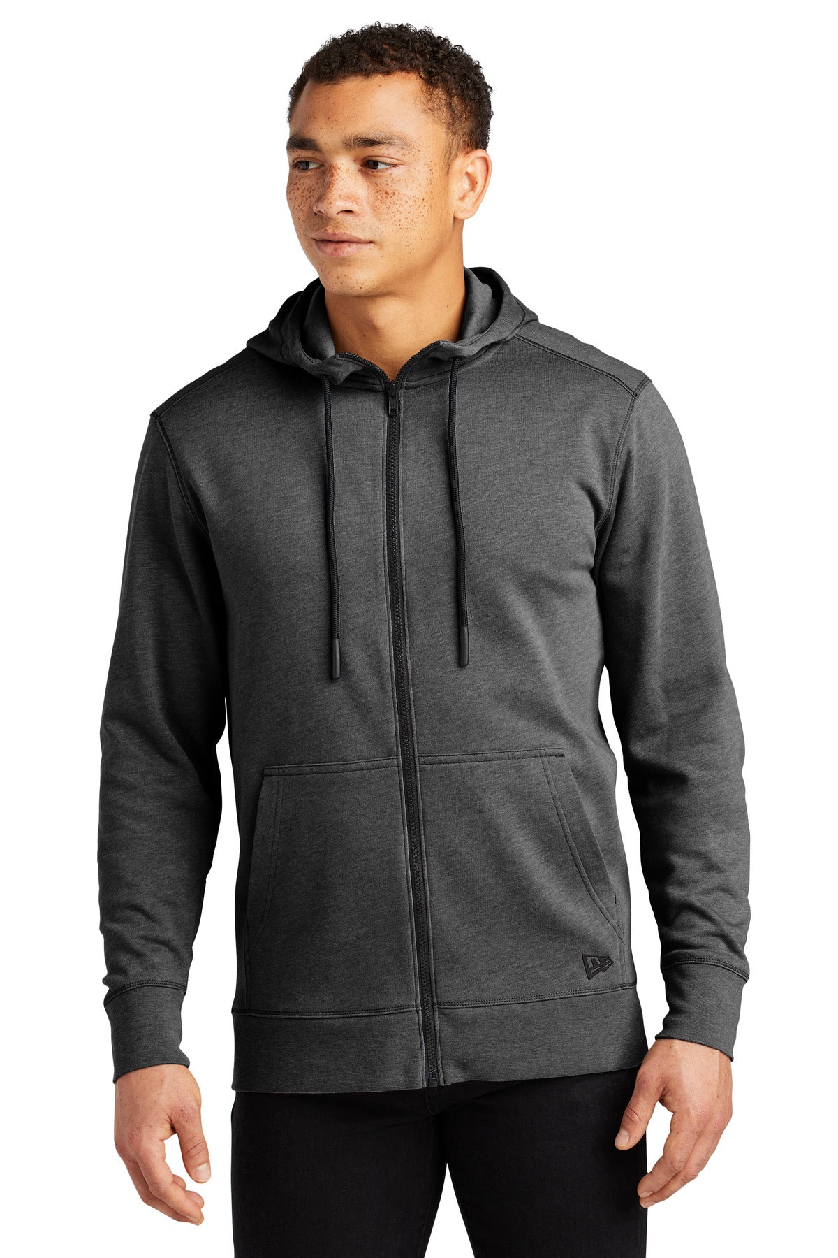 Front View of Black Heather New Era Tri-Blend Fleece Full-Zip Hoodie NEA511 - XS