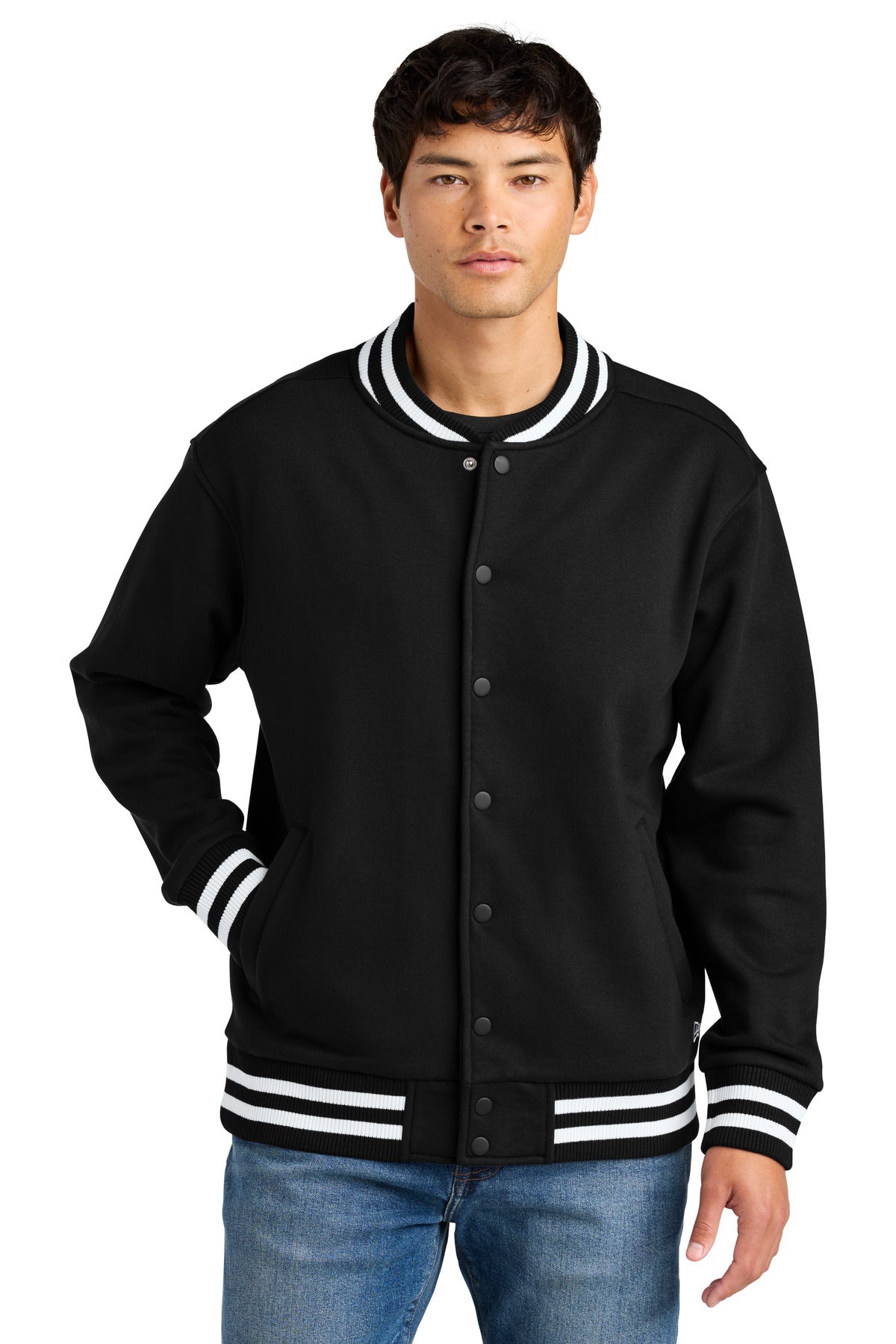 Front View of Black New Era Varsity Heavyweight Fleece Jacket NEA560 - XS