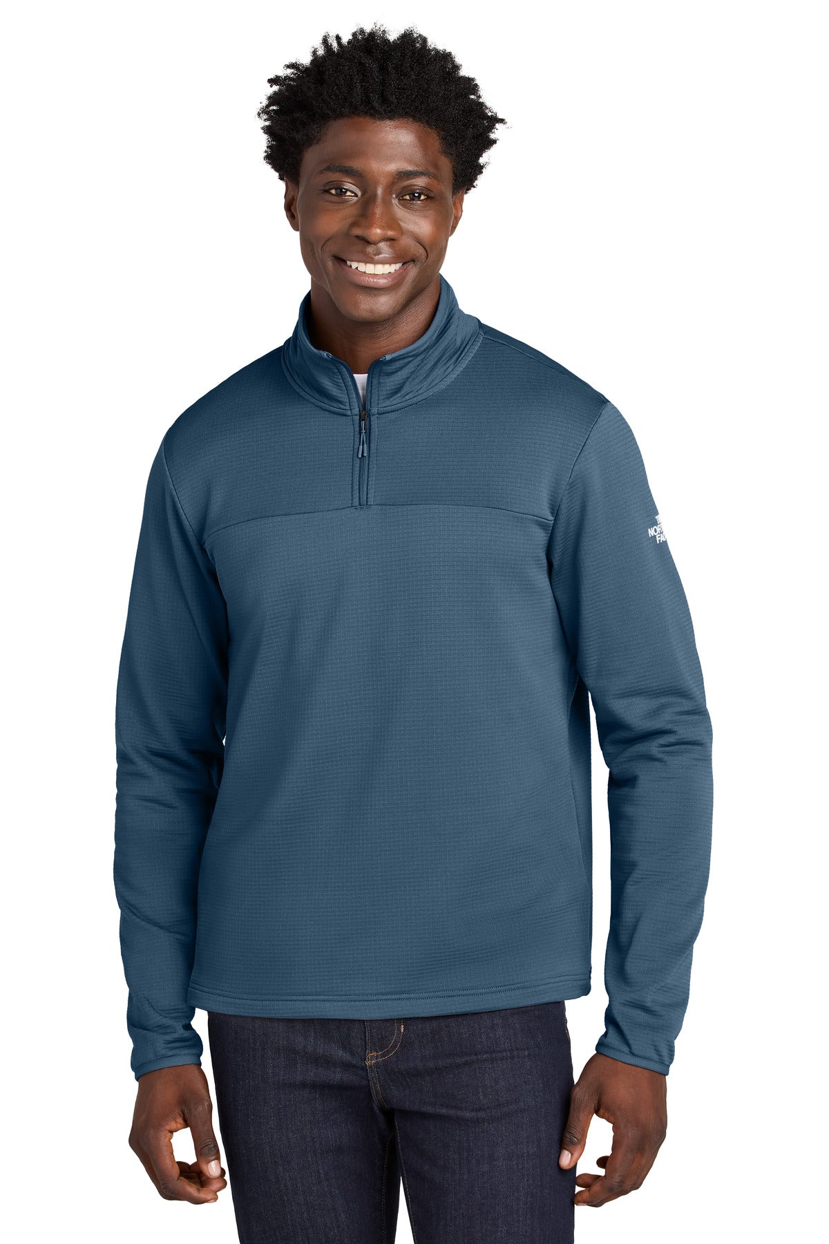 Front View of ShadyBlue The North Face Aim 1/4-Zip Fleece NF0A8ENJ - S