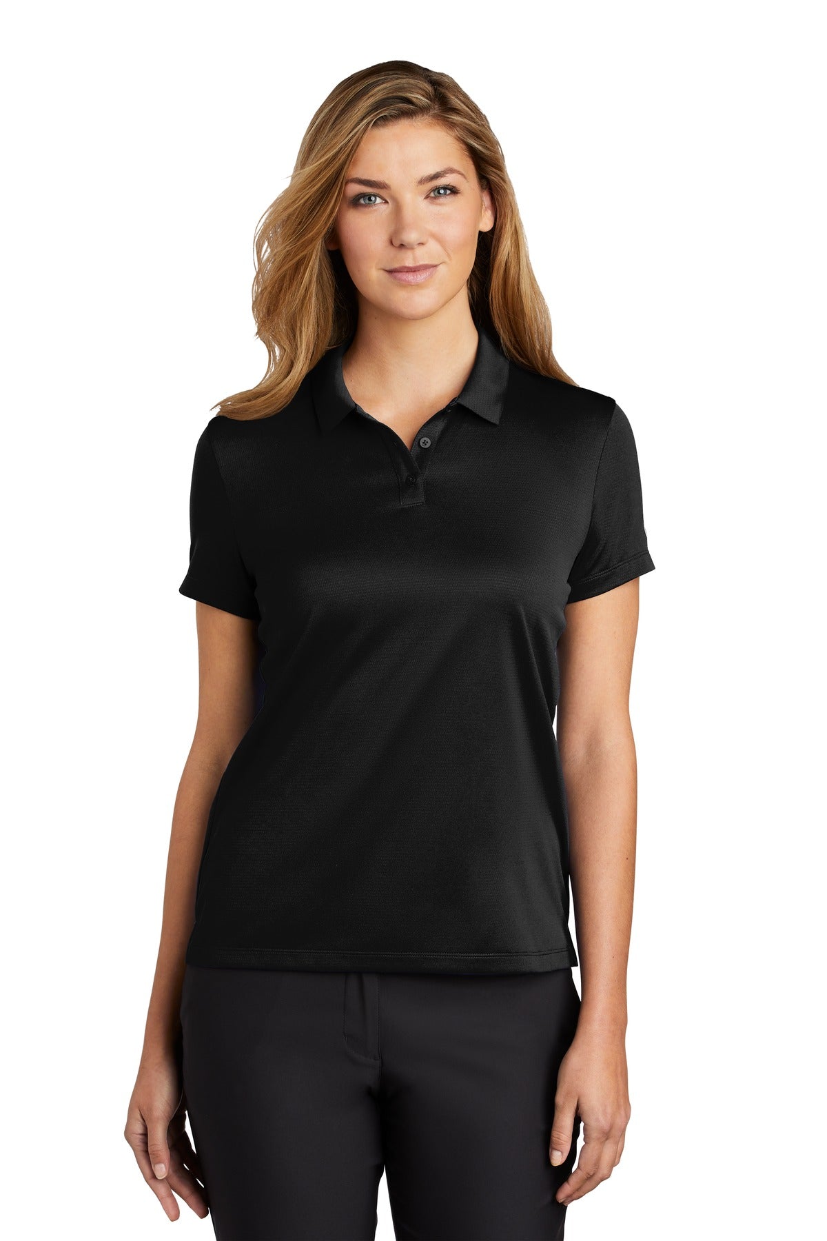 Front View of Black Nike Women's Dry Essential Solid Polo NKBV6043 - S