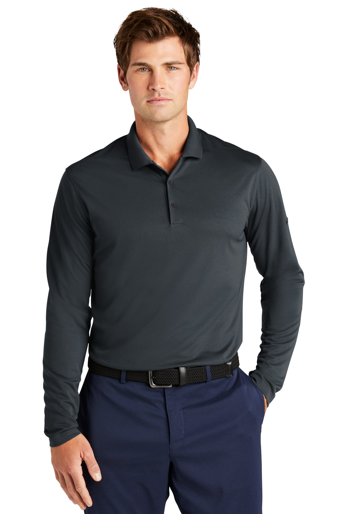 Front View of Anthracite Nike Dri-FIT Micro Pique 2.0 Long Sleeve Polo NKDC2104 - XS