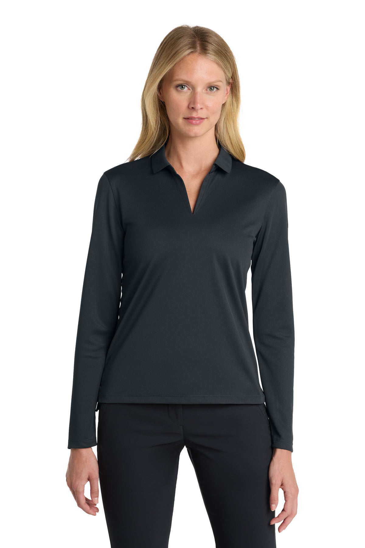 Front View of Anthracite Nike Women's Dri-FIT Micro Pique 2.0 Long Sleeve Polo NKDC2105 - S