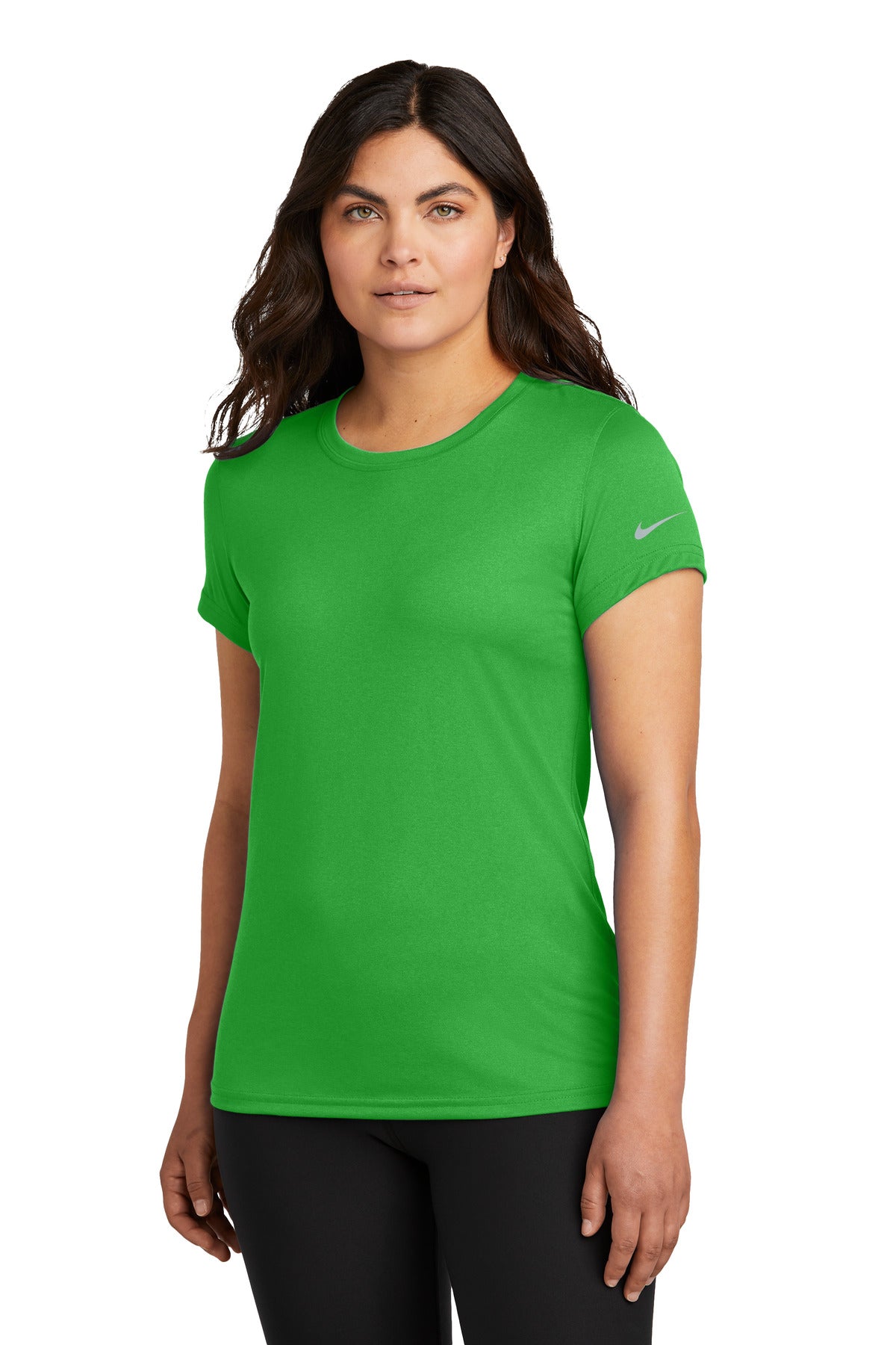 Front View of AppleGreen Nike Women's Swoosh Sleeve rLegend Tee NKDX8734 - S