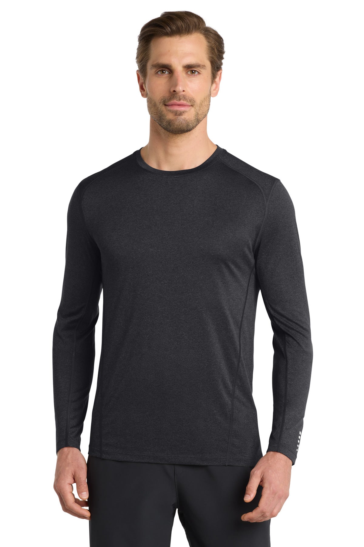 Front View of Blacktop OGIO Long Sleeve Pulse Crew. OE321 - XS