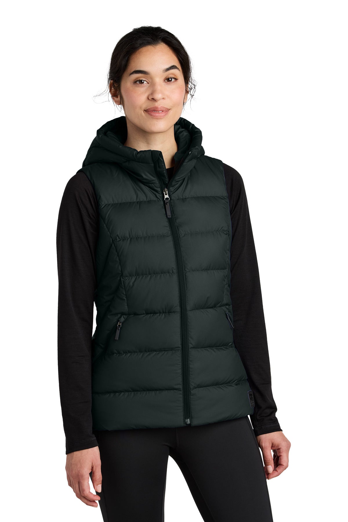Front View of Black LIMITED EDITION Outdoor Research Women's Coldsnap Hooded Down Vest OR322218 - S