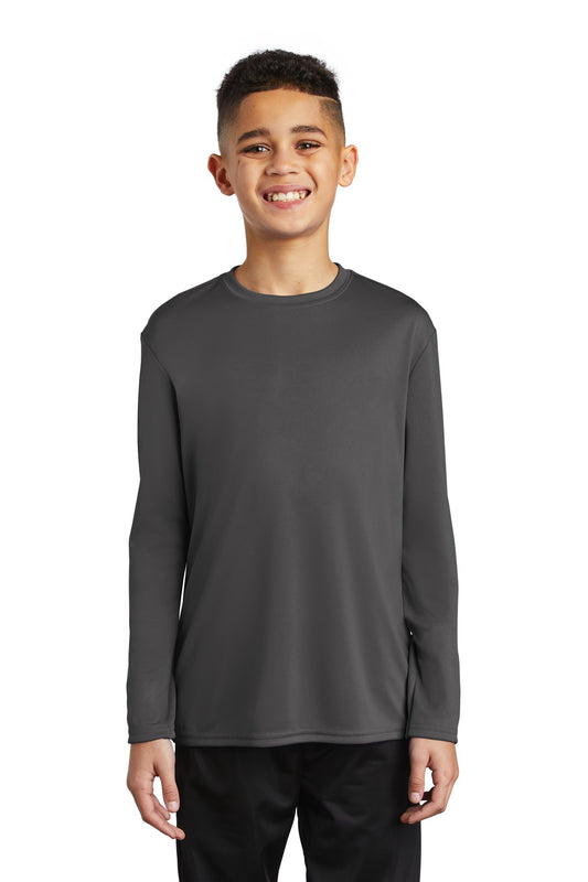 Front View of Charcoal Port & Co Youth Long Sleeve Performance Tee PC380YLS - XS