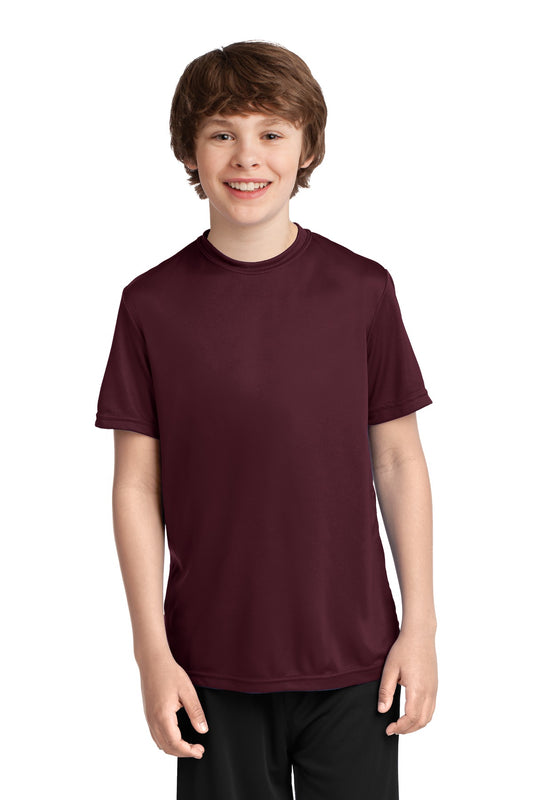Front View of Ath Maroon Port & Co Youth Performance Tee. PC380Y - XS