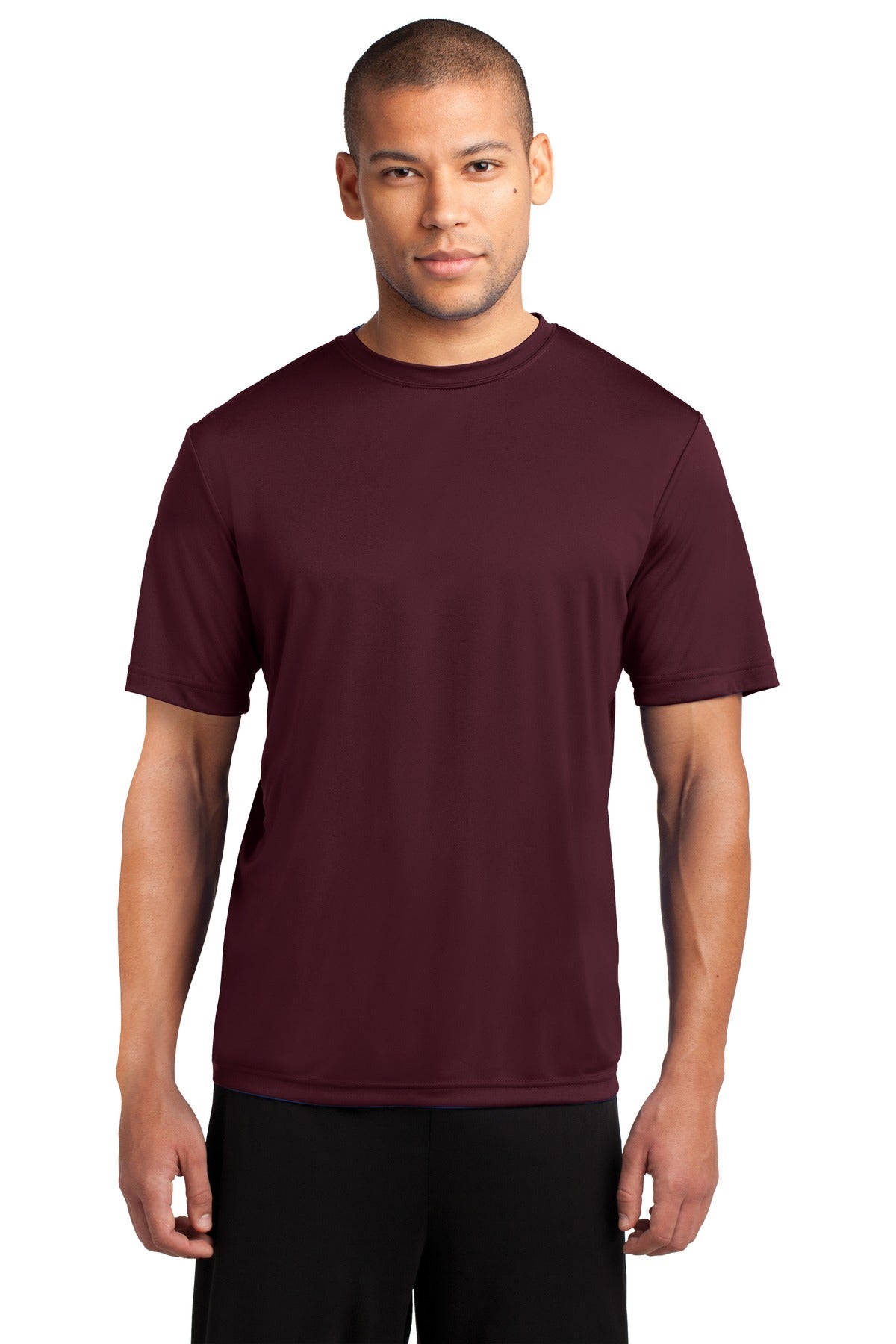 Front View of Ath Maroon Port & Co Performance Tee. PC380 - XS