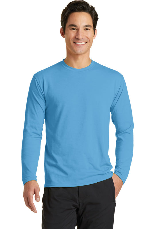 Front View of Aquatic Blue Port & Co Long Sleeve Performance Blend Tee. PC381LS - S