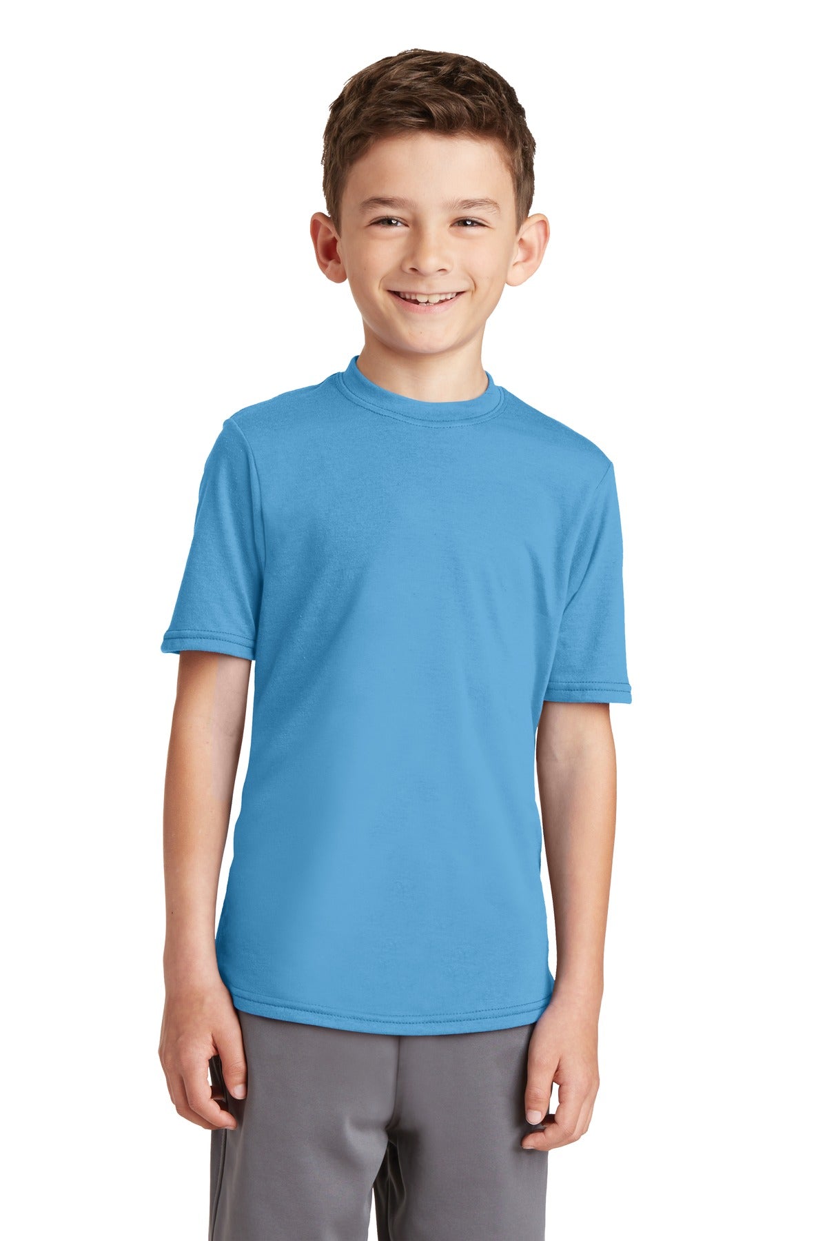Front View of Aquatic Blue Port & Co Youth Performance Blend Tee. PC381Y - XS