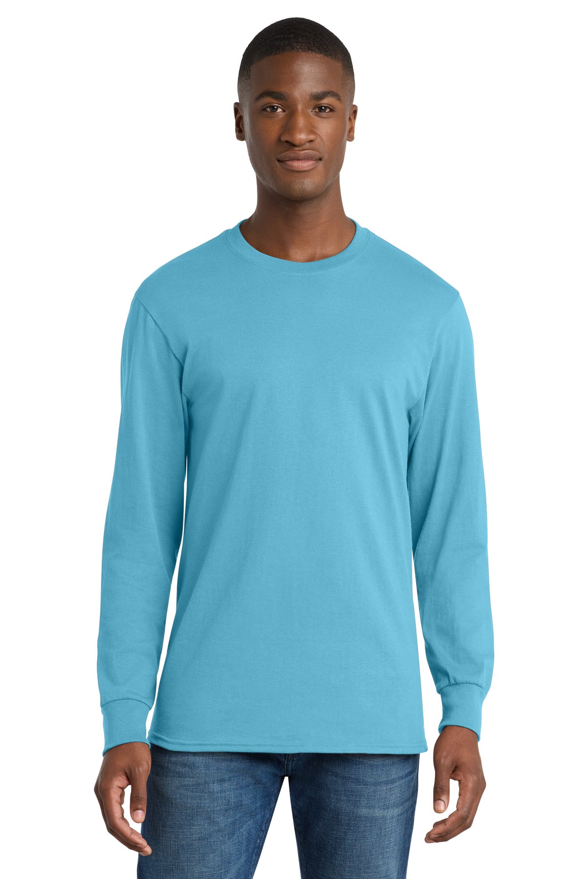 Front View of Aquatic Blue Port & Co Long Sleeve Core Cotton Tee. PC54LS - S