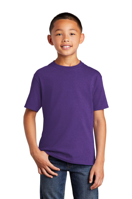 Front View of Team Purple Port & Co Youth Core Cotton Tee. PC54Y - XS