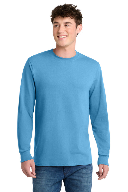 Front View of Aquatic Blue Port & Co Long Sleeve Core Blend Tee. PC55LS - S
