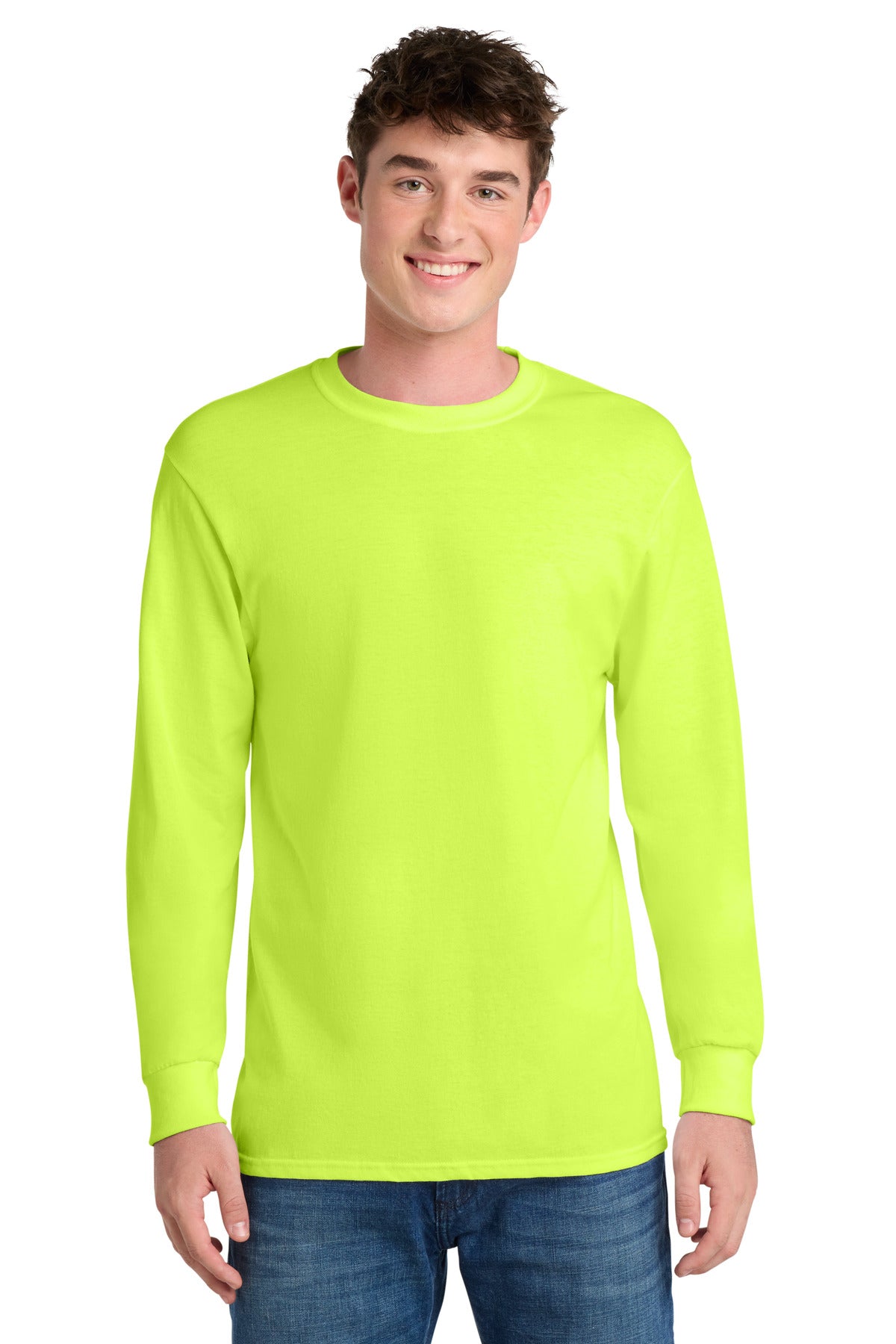 SanMar PC55LS_safetygreen_model_front.jpg