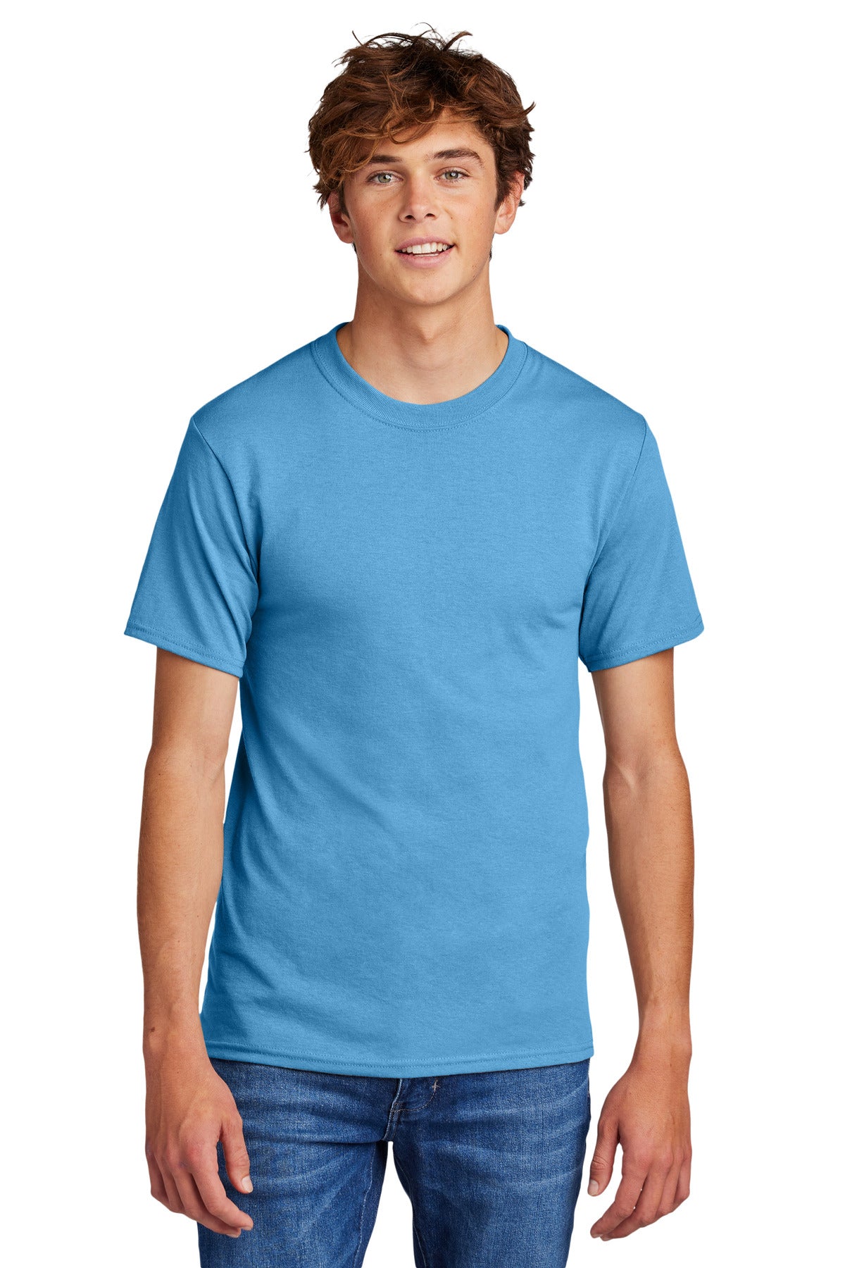 Front View of Aquatic Blue Port & Co Core Blend Tee. PC55 - S