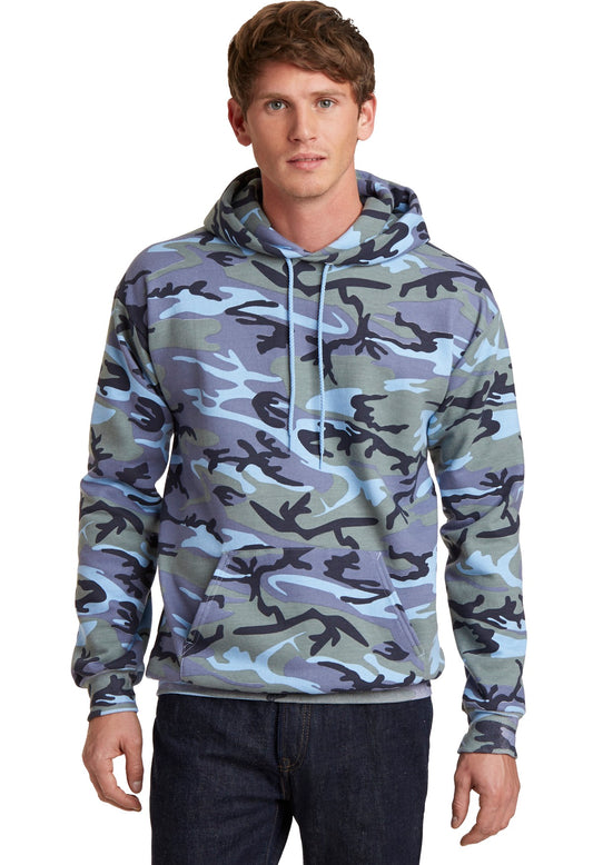 Front View of Woodlnd Blu Ca Port & Co Core Fleece Camo Pullover Hooded Sweatshirt. PC78HC - S