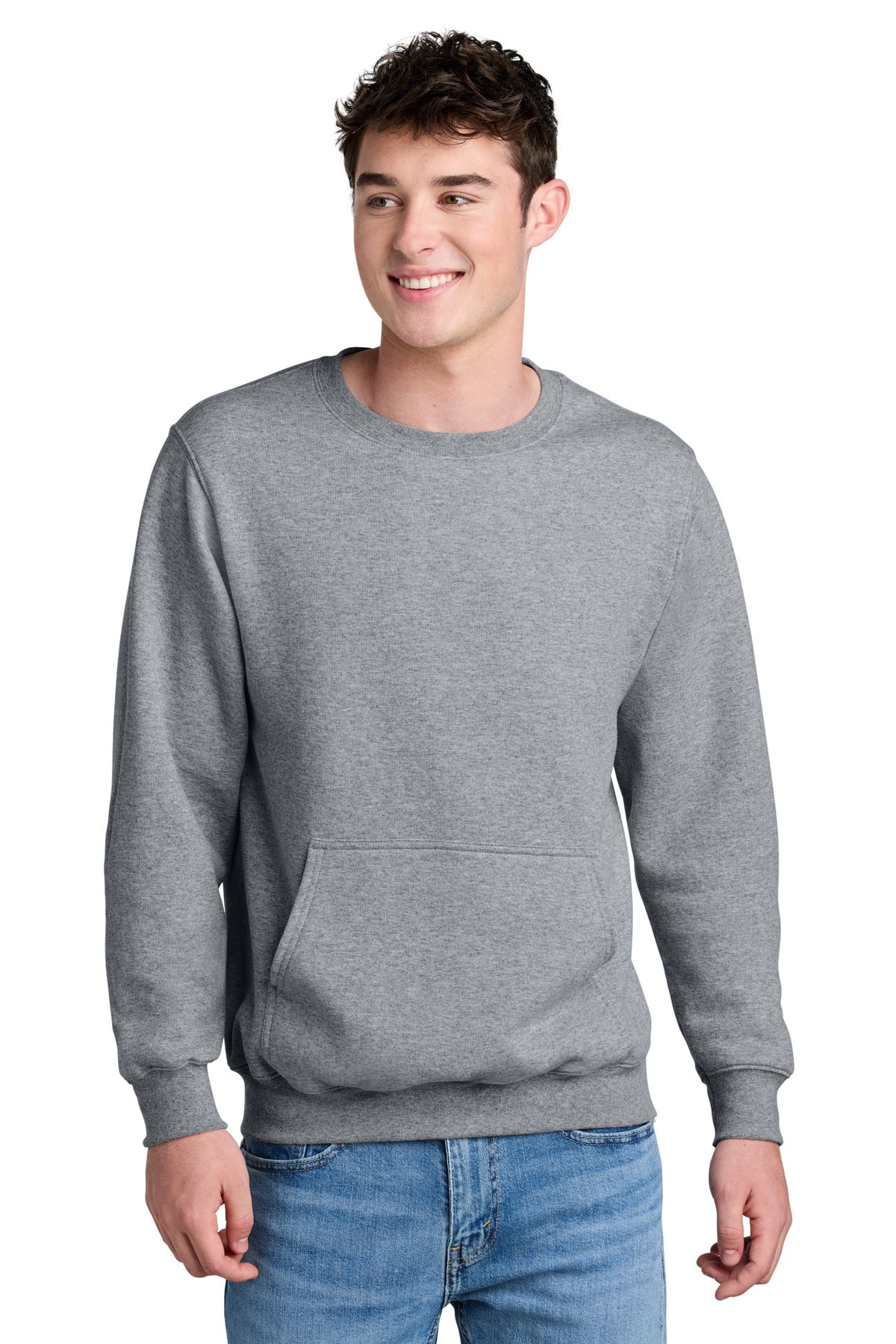 Front View of AthlHthr Port & Co Core Fleece Crewneck Pocket Sweatshirt PC78PKT - S