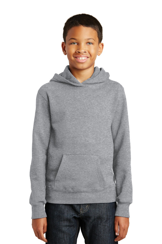 Front View of Athletic Hthr Port & Co Youth Fan Favorite Fleece Pullover Hooded Sweatshirt. PC850YH - XS