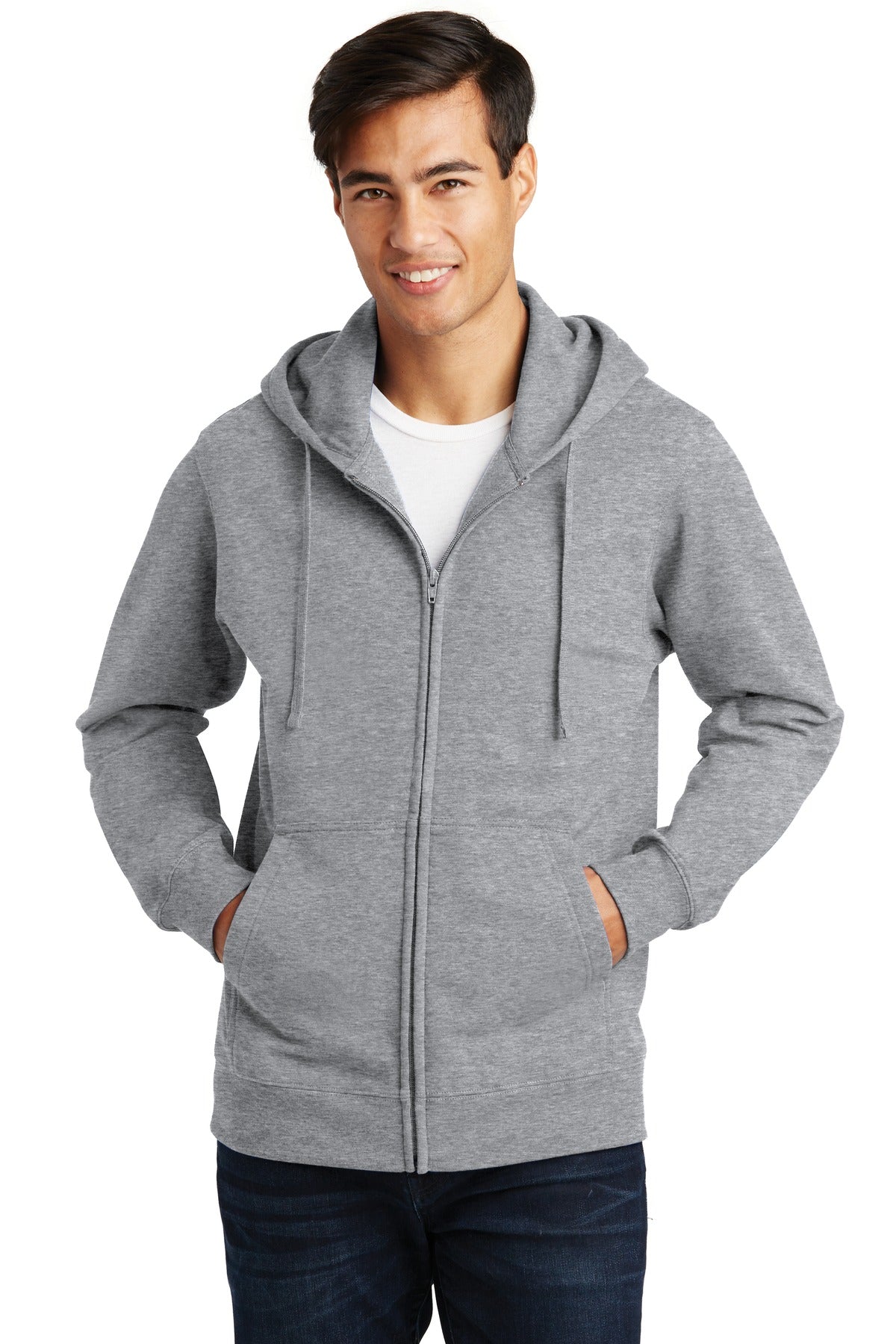 Front View of Athletic Hthr Port & Co Fan Favorite Fleece Full-Zip Hooded Sweatshirt. PC850ZH - XS