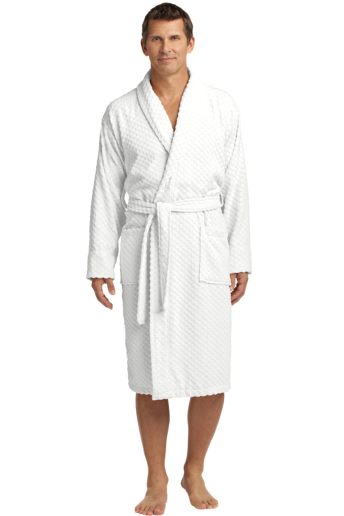Front View of White Port Authority Checkered Terry Shawl Collar Robe. R103 - L/XL