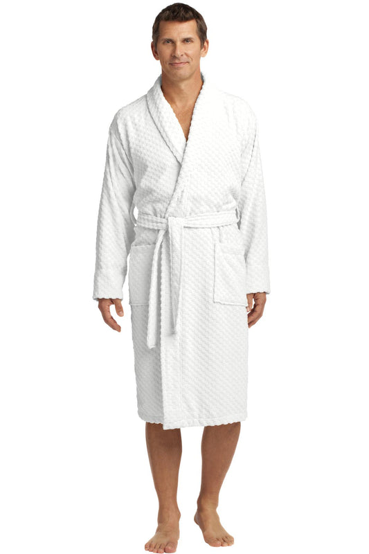 Front View of White Port Authority Checkered Terry Shawl Collar Robe. R103 - L/XL