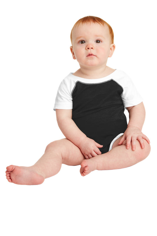 Front View of Black/White Rabbit Skins Infant Baseball Fine Jersey Bodysuit. RS4430 - 18M