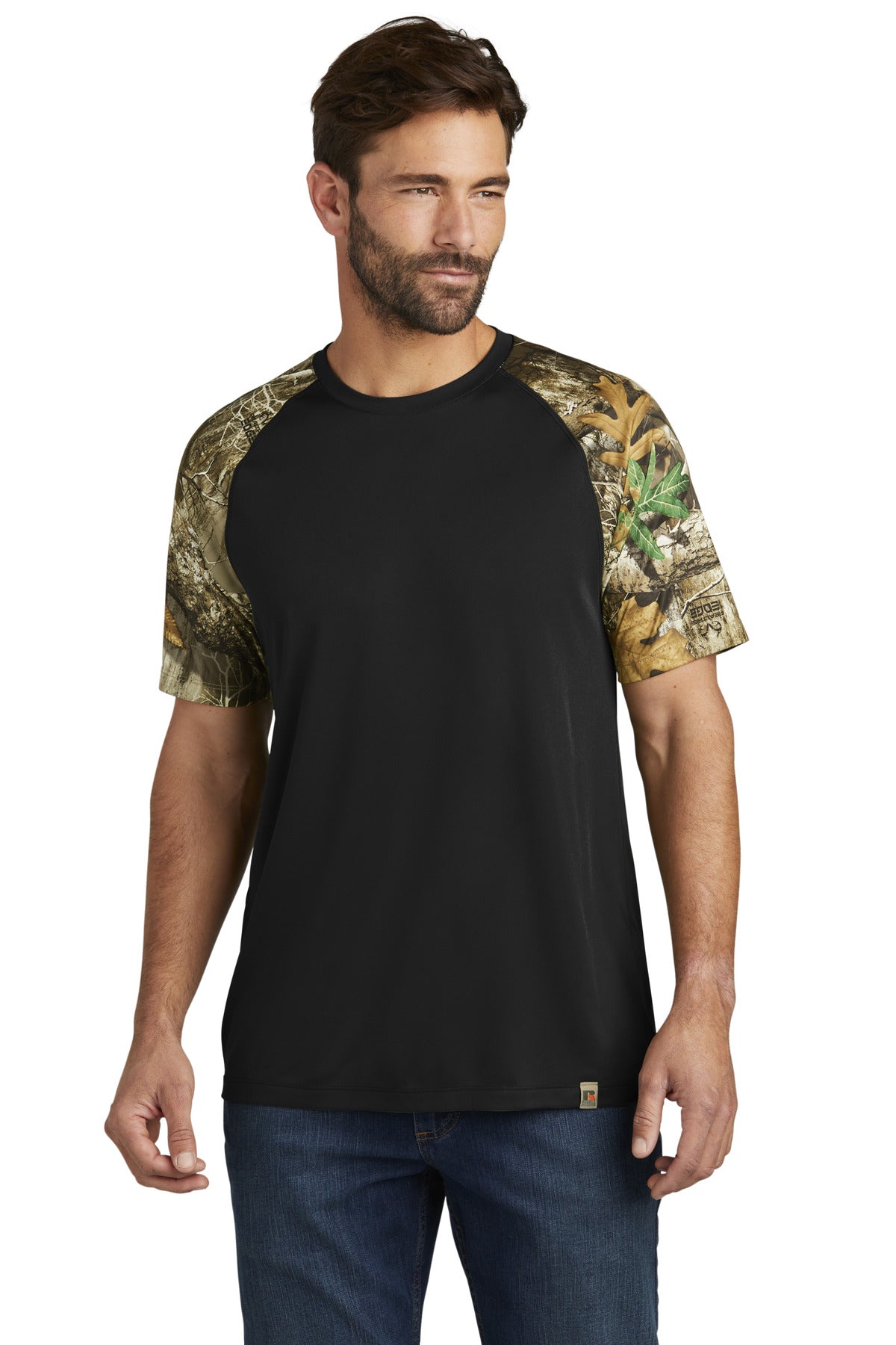 Front View of Blk/RTEdge Russell Outdoors Realtree Colorblock Performance Tee RU151 - XS