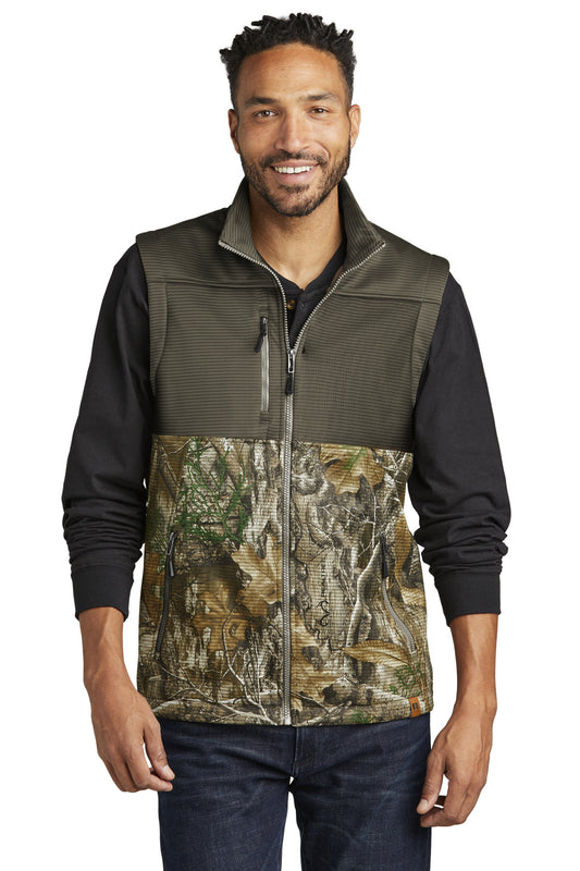 Front View of CrgBr/RTEd Russell Outdoors Realtree Atlas Colorblock Soft Shell Vest RU604 - XS