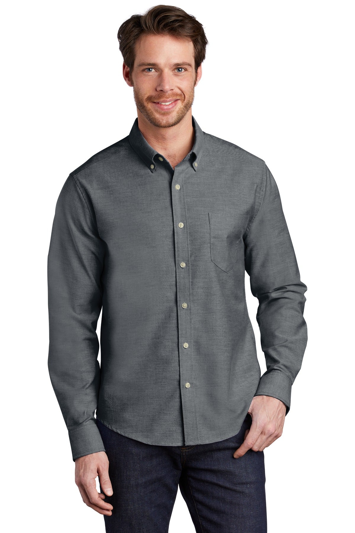 Front View of Black Port Authority Untucked Fit SuperPro Oxford S651 - XS