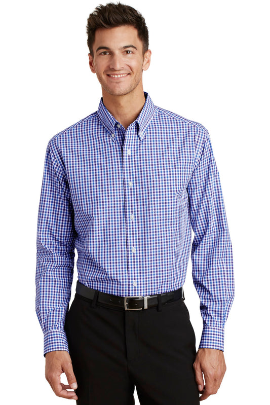 Front View of Blue/Purple Port Authority Long Sleeve Gingham Easy Care Shirt. S654 - XS