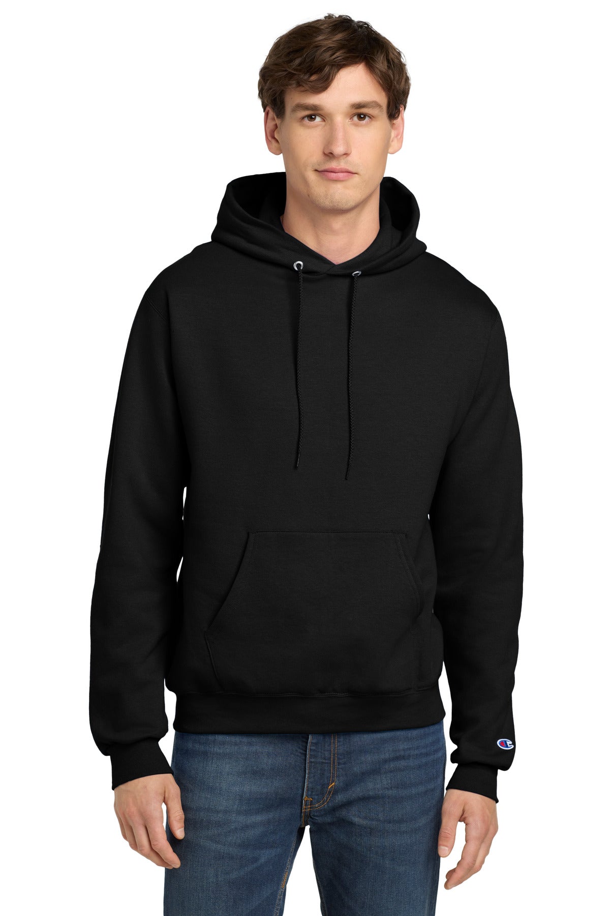 Front View of Black Champion Powerblend Pullover Hoodie. S700 - S