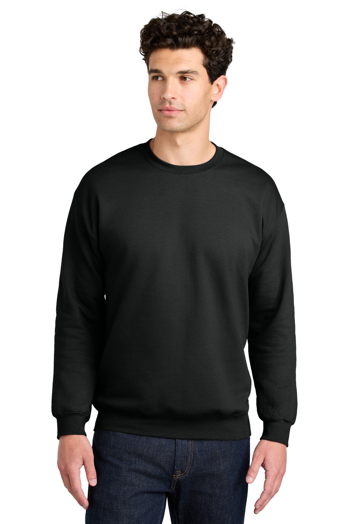 Front View of Black Gildan Softstyle Crewneck Sweatshirt SF000 - S